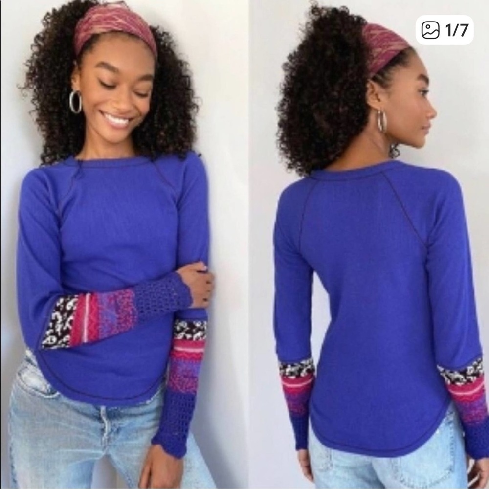 Free People Super Nova in the Mix Cuff Blue Thermal Top with Colorful Cuffs XS